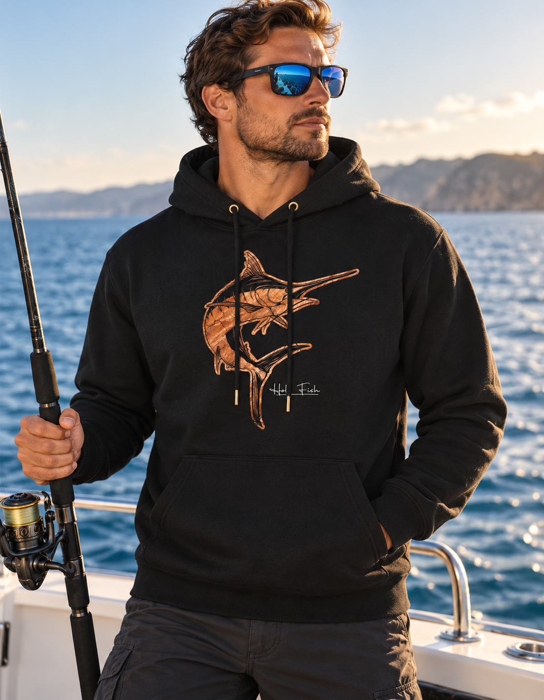 Meeresangler auf einem Boot trägt schwarzen Holy Fish M12 Marlin-Hoodie mit kupferfarbenem Fischmotiv