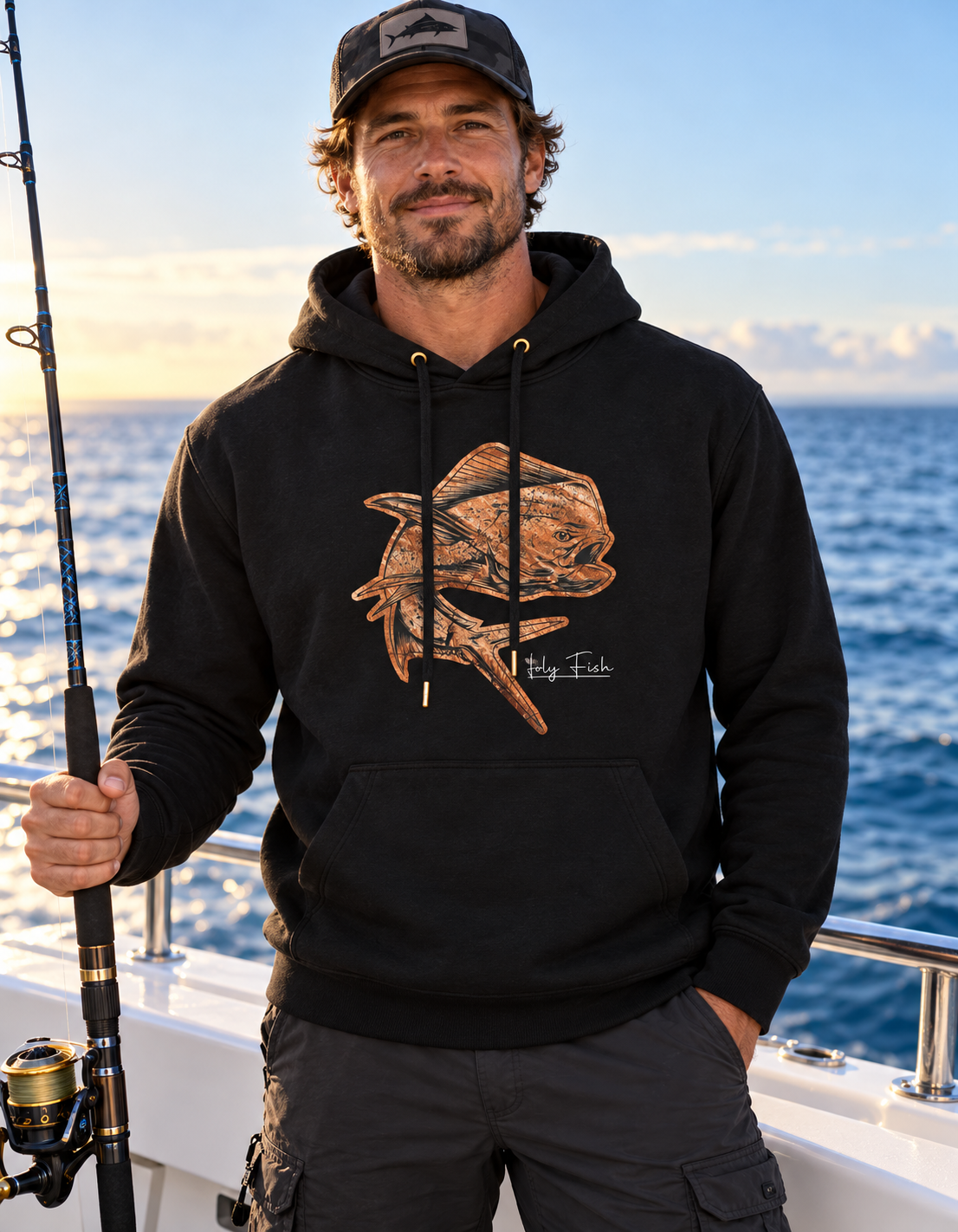 Meeresangler trägt schwarzen Holy Fish M26 Mahi-Mahi-Hoodie auf einem Angelboot