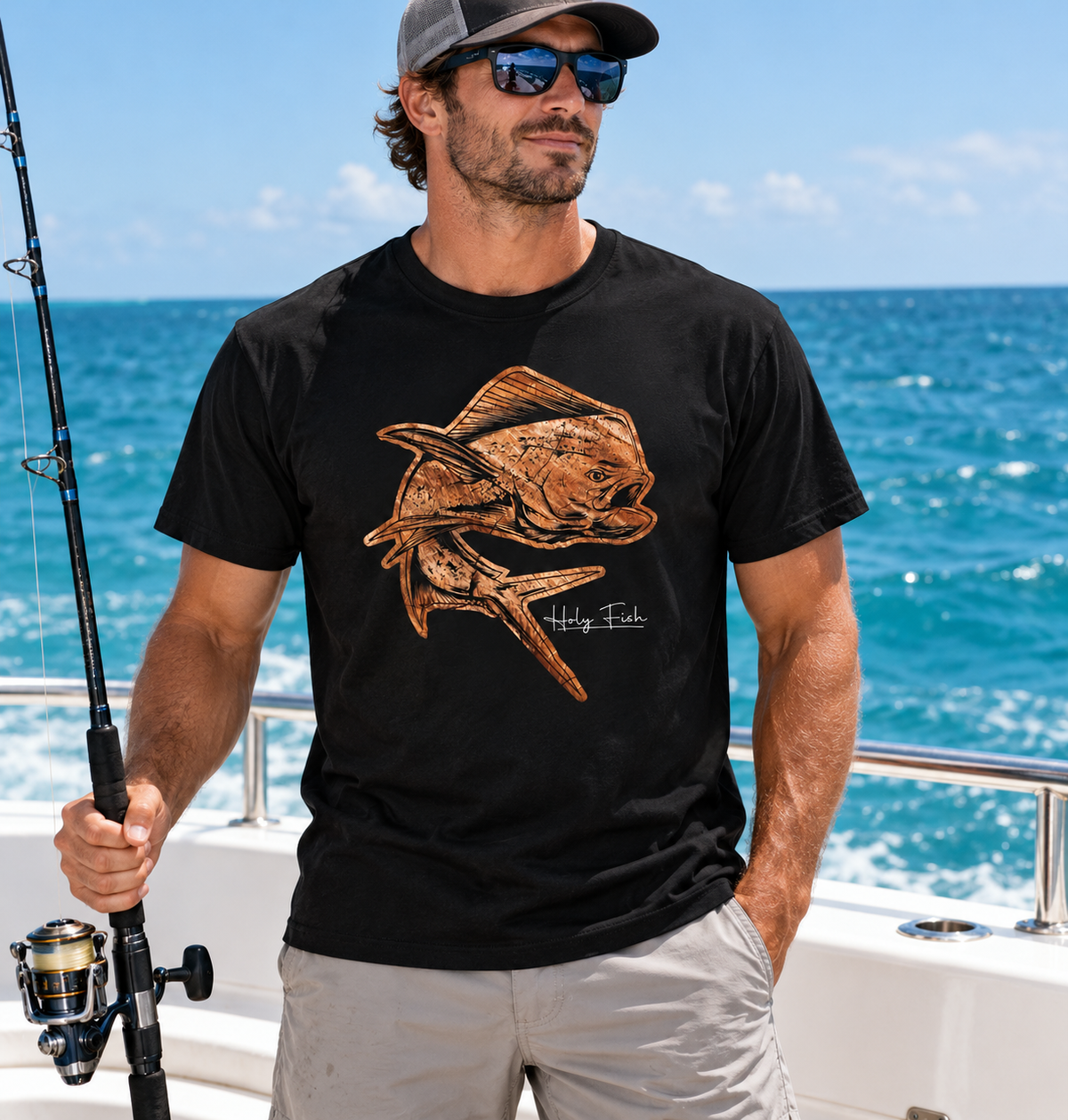 Meeresangler trägt schwarzes Holy Fish M26 Mahi-Mahi-T-Shirt auf einem Angelboot