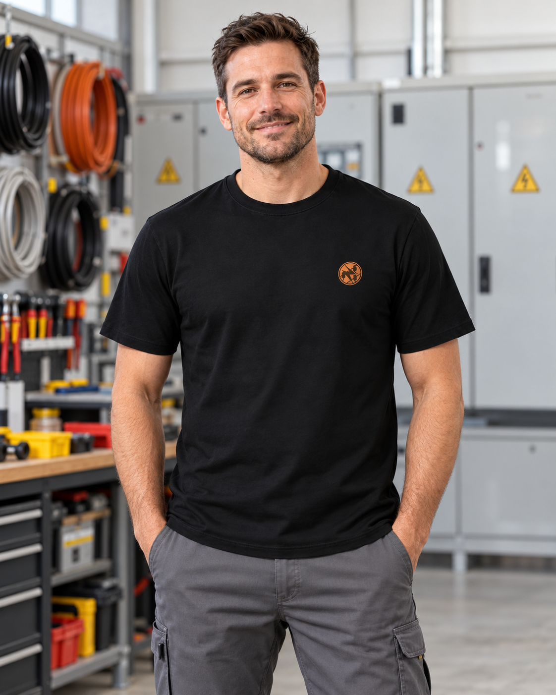 Erwachsener Elektriker trägt das schwarze Workaholicz T-Shirt mit kleinem Brustwappen in einer Elektrowerkstatt