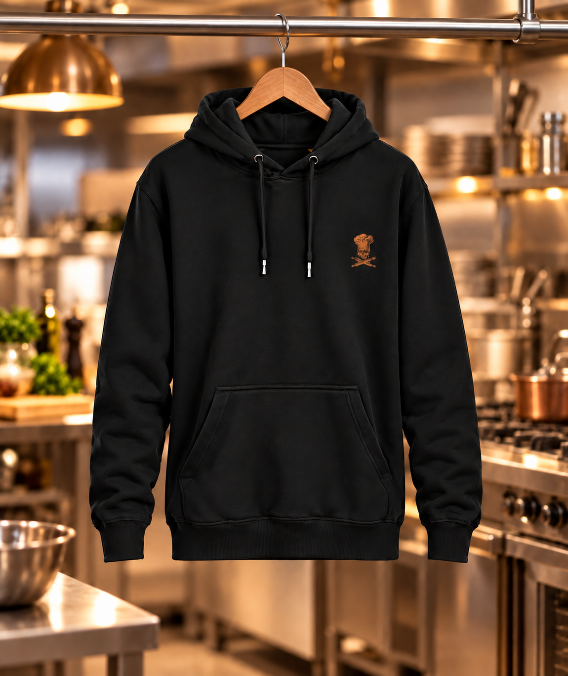 Schwarzer Koch Hoodie mit kleinem Brustmotiv an einem Holzkleiderbügel in einer Küche