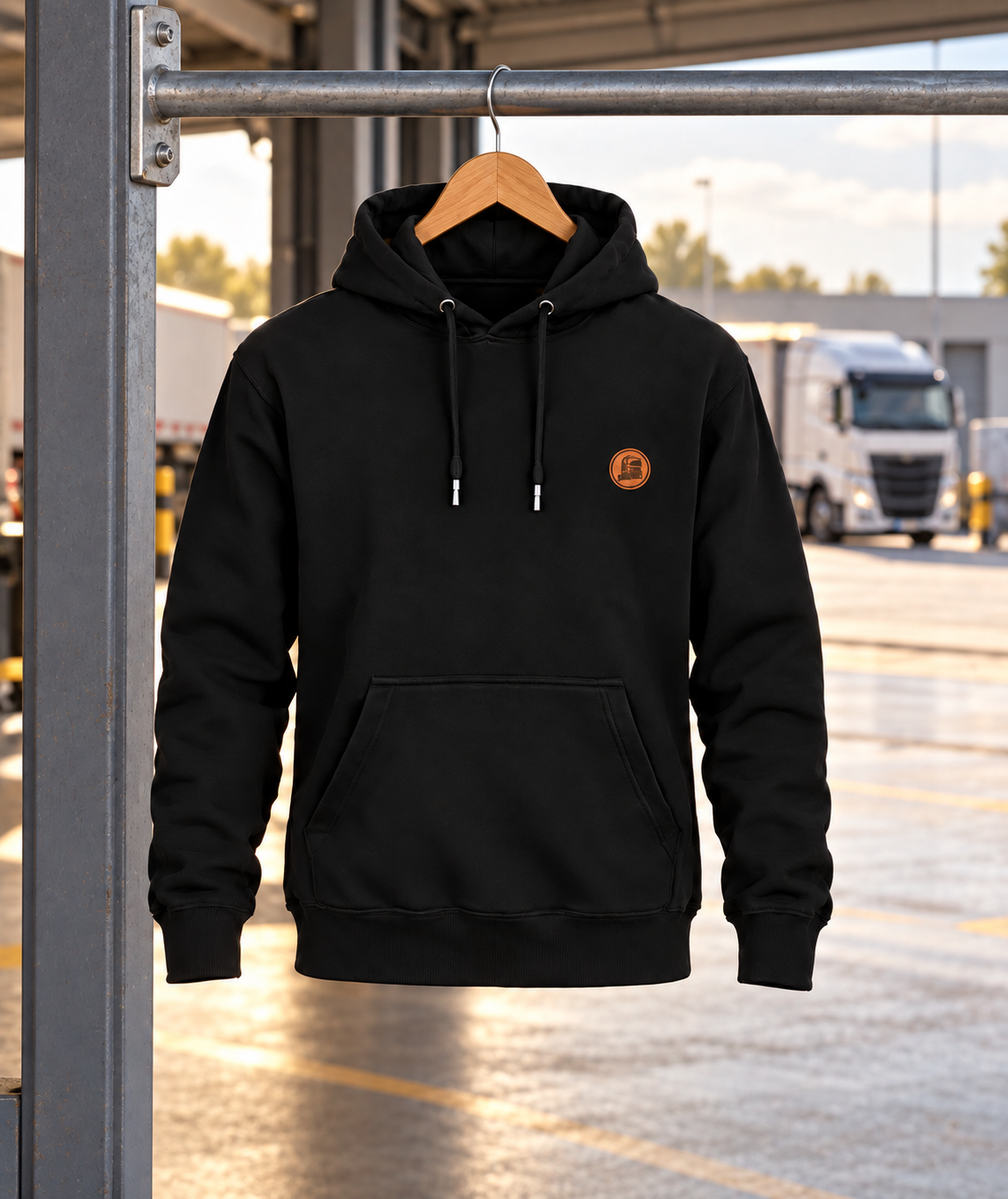 Schwarzer Berufskraftfahrer Hoodie mit kleinem LKW-Brustmotiv am Holzkleiderbügel im LKW-Depot