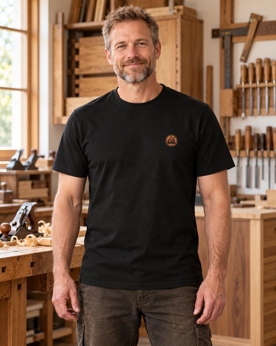 Erwachsener Schreiner trägt das schwarze Workaholicz T-Shirt mit kleinem Brustwappen in einer Schreinerei