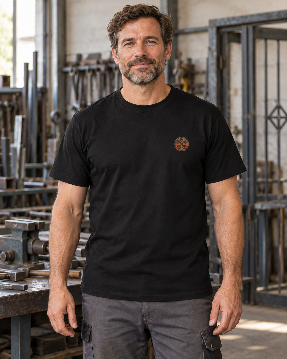 Erwachsener Mann trägt das schwarze Workaholicz Schlosser T-Shirt WW31 mit kleinem Zunftwappen in einer Schlosserei