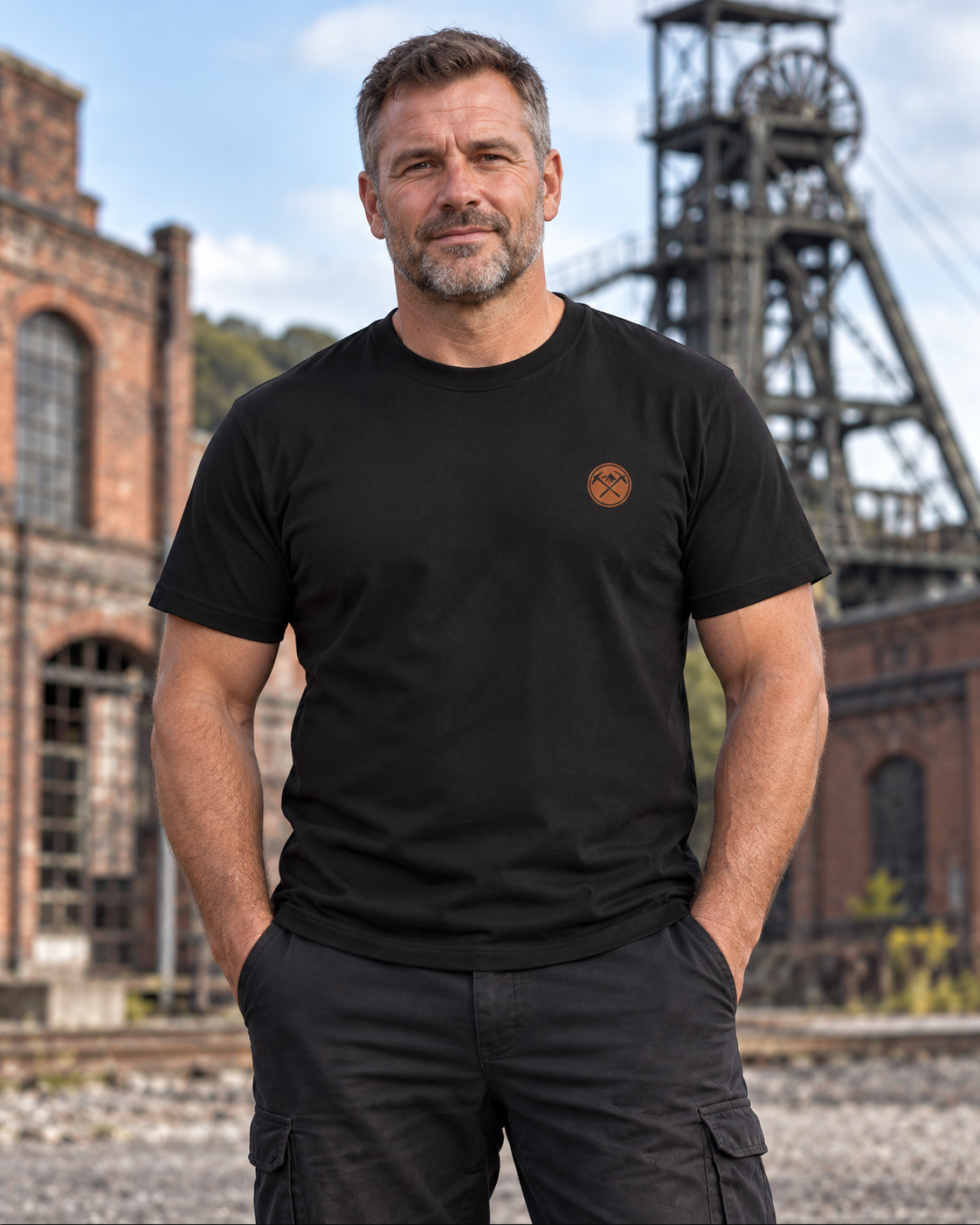 Erwachsener Mann trägt das schwarze Workaholicz Bergarbeiter T-Shirt mit kleinem Brustwappen vor einer Zeche mit Förderturm