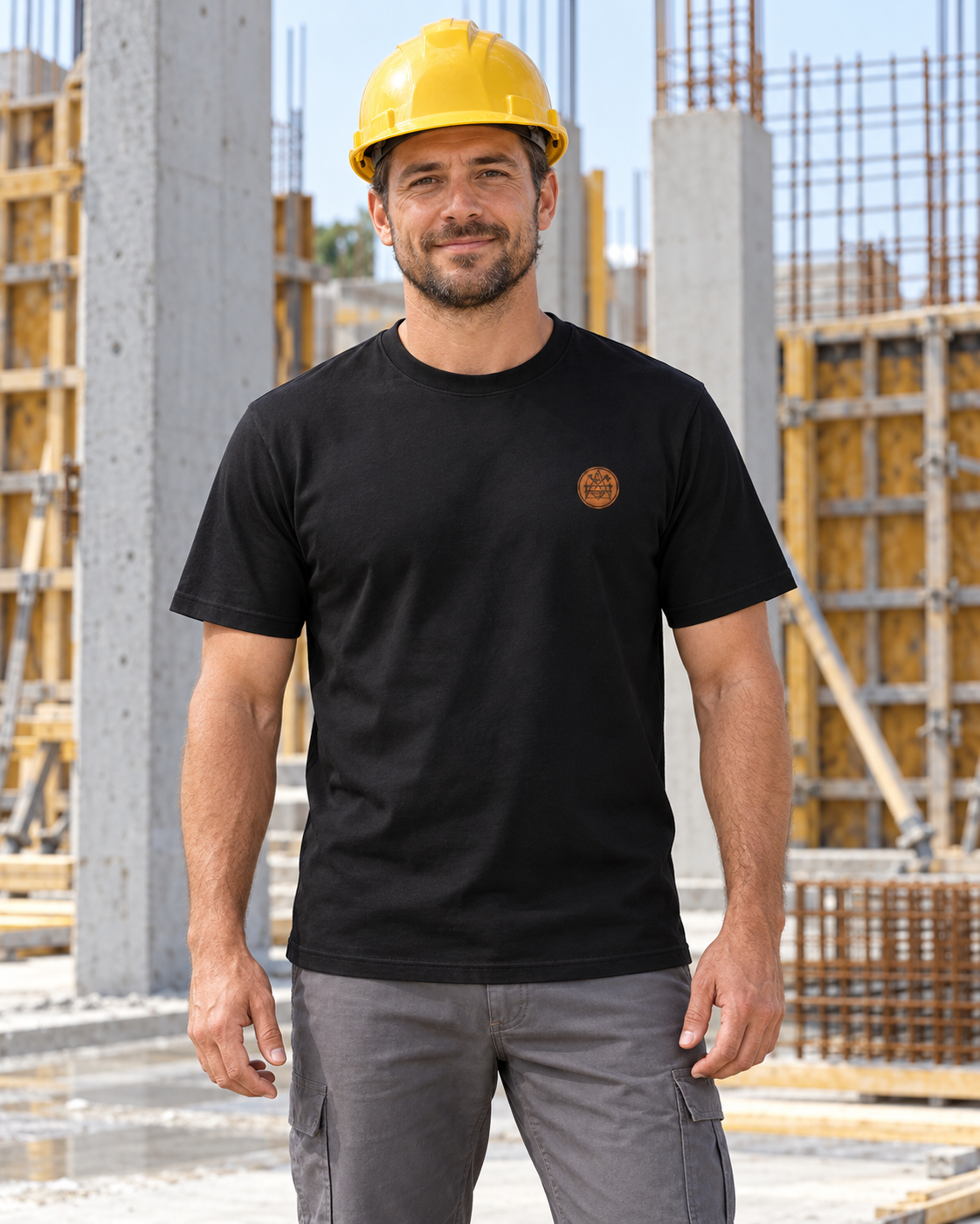 Erwachsener Betonbauer mit Schutzhelm trägt das schwarze Workaholicz T-Shirt mit kleinem Brustwappen auf einer Baustelle