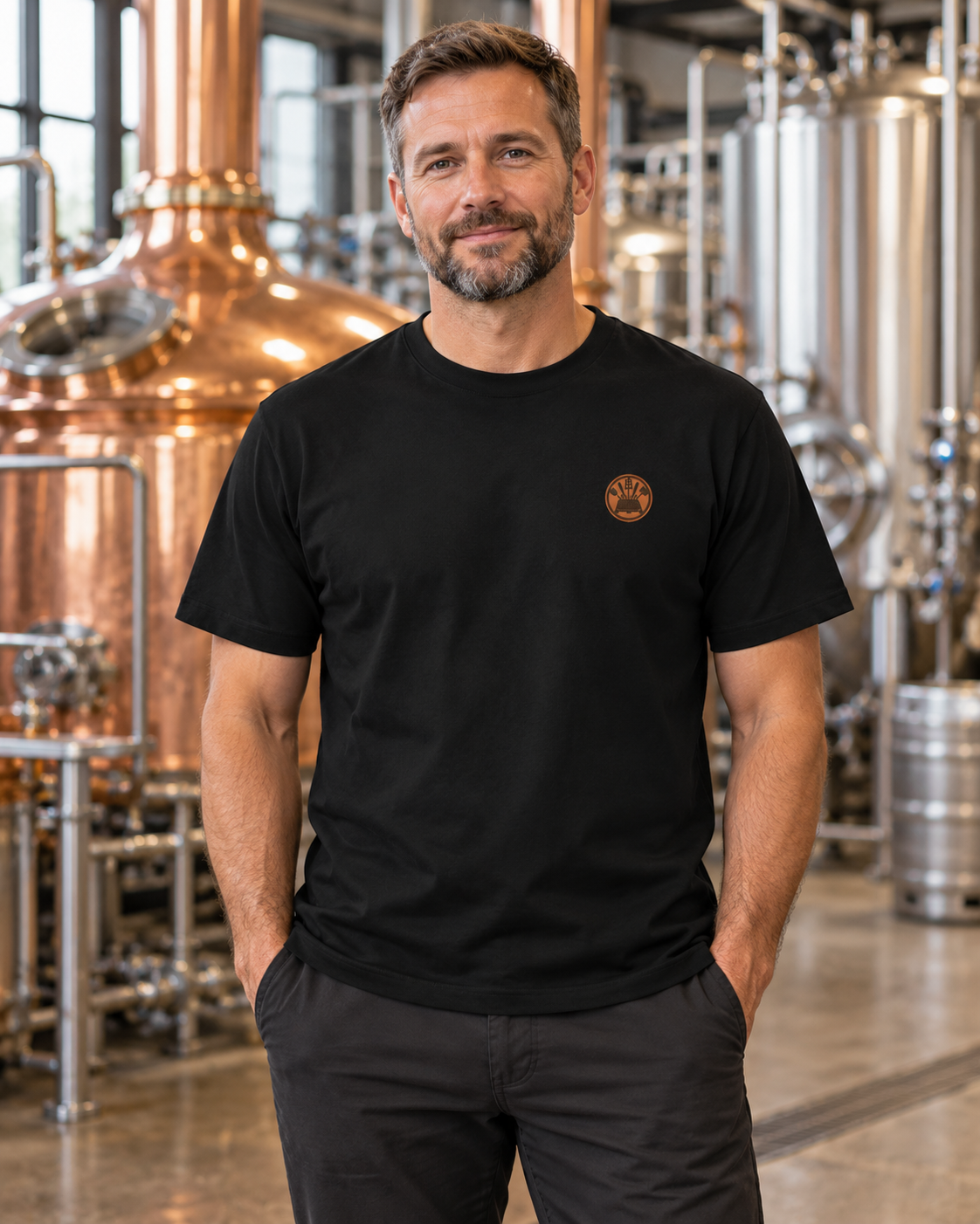 Erwachsener Brauer trägt das schwarze Workaholicz T-Shirt mit kleinem Brauerwappen in einer Brauerei mit Braukesseln