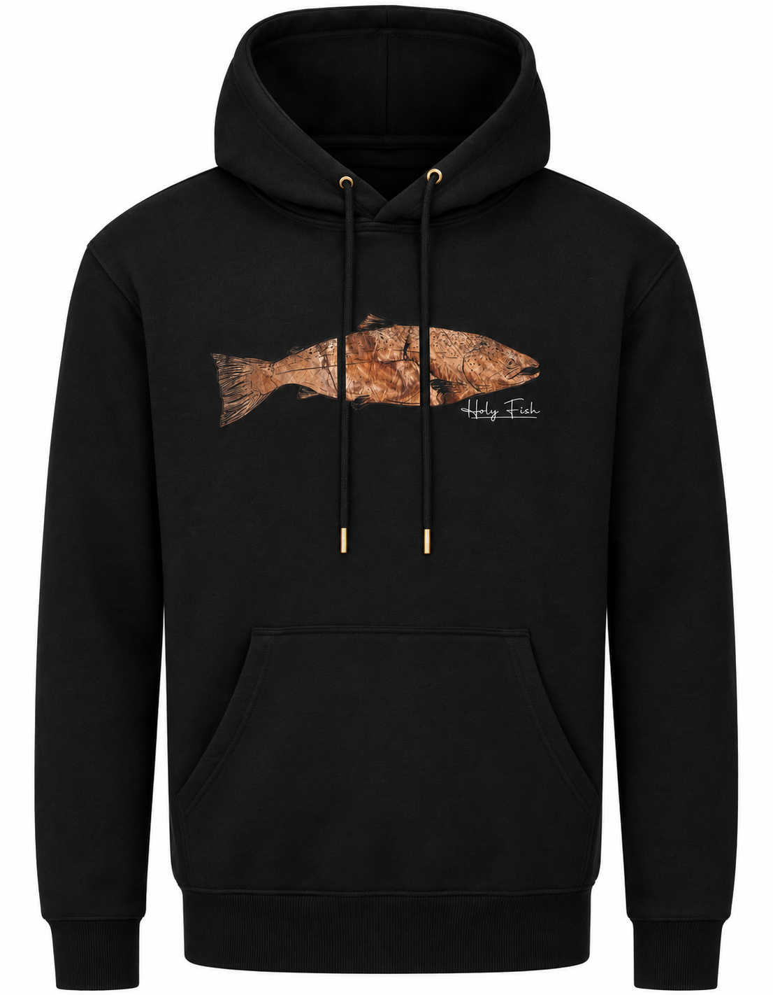 Schwarzer Holy Fish M11 Forellen-Hoodie mit kupferfarbenem Fischmotiv vor weißem Hintergrund