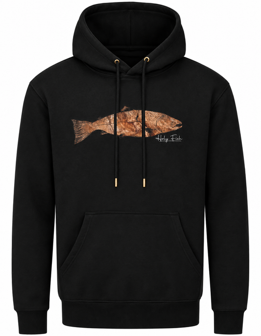 Schwarzer Holy Fish M11 Forellen-Hoodie mit kupferfarbenem Fischmotiv vor weißem Hintergrund