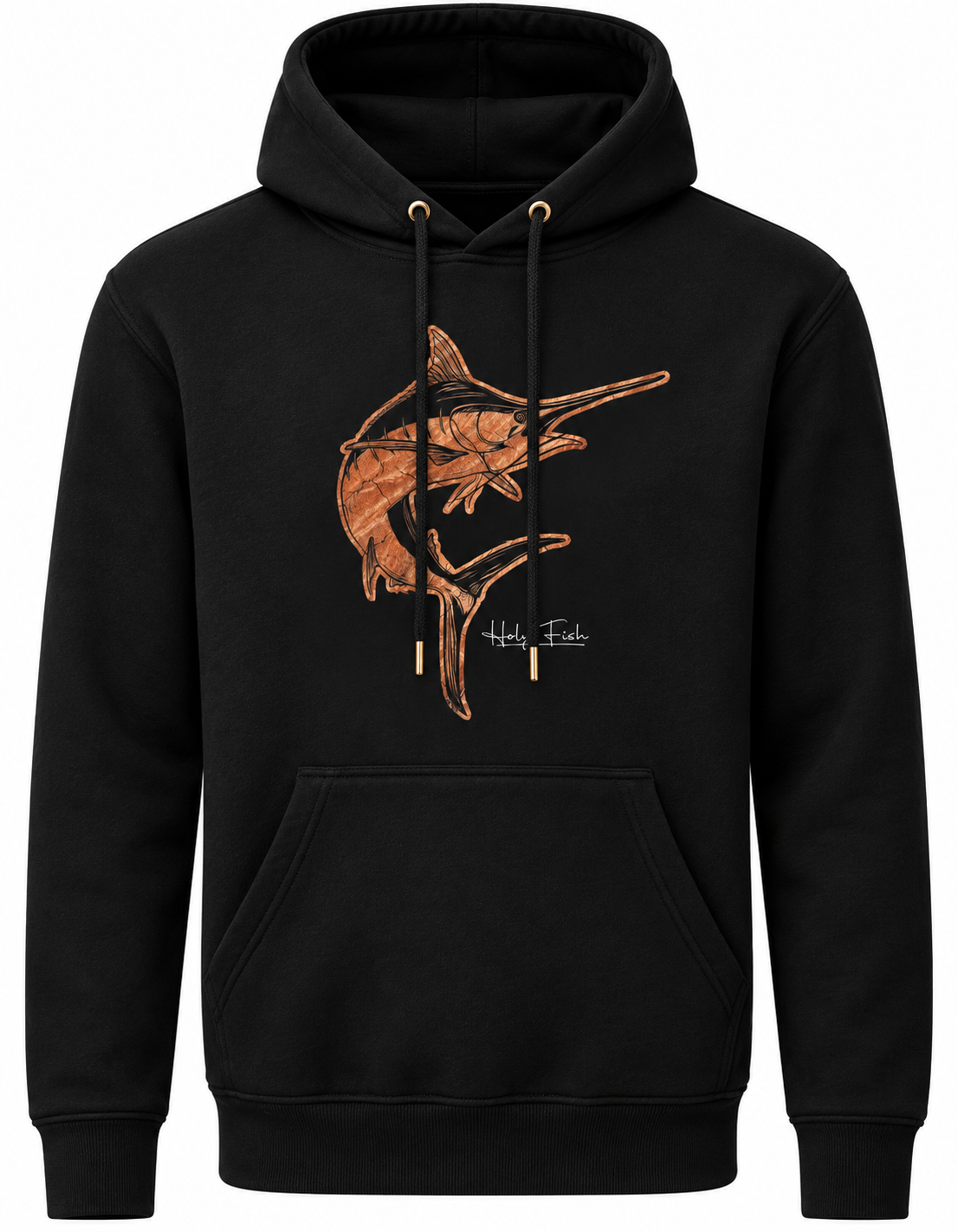 Schwarzer Holy Fish M12 Marlin-Hoodie mit kupferfarbenem Fischmotiv vor weißem Hintergrund