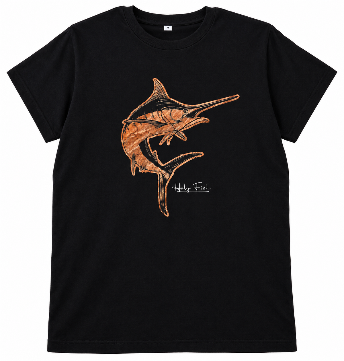 Schwarzes Holy Fish M12 Marlin-T-Shirt mit kupferfarbenem Fischmotiv vor weißem Hintergrund
