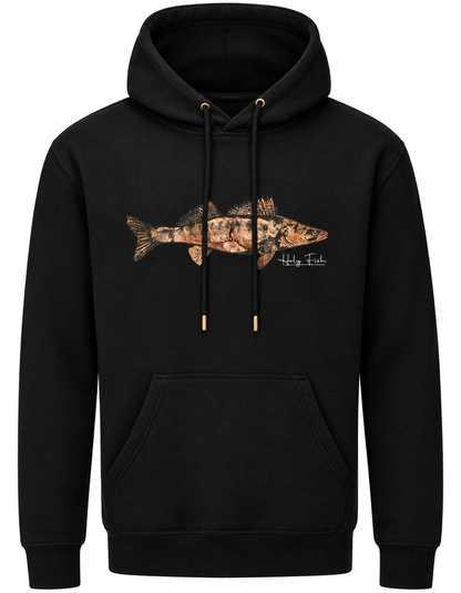 Schwarzer Holy Fish M13 Zander-Hoodie mit kupferfarbenem Fischmotiv vor weißem Hintergrund