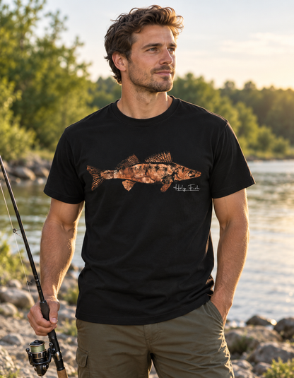 Zanderangler trägt schwarzes Holy Fish M13 Zander-T-Shirt am Fluss