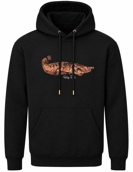 Schwarzer Holy Fish M14 Wels-Hoodie mit kupferfarbenem Waller-Motiv vor weißem Hintergrund