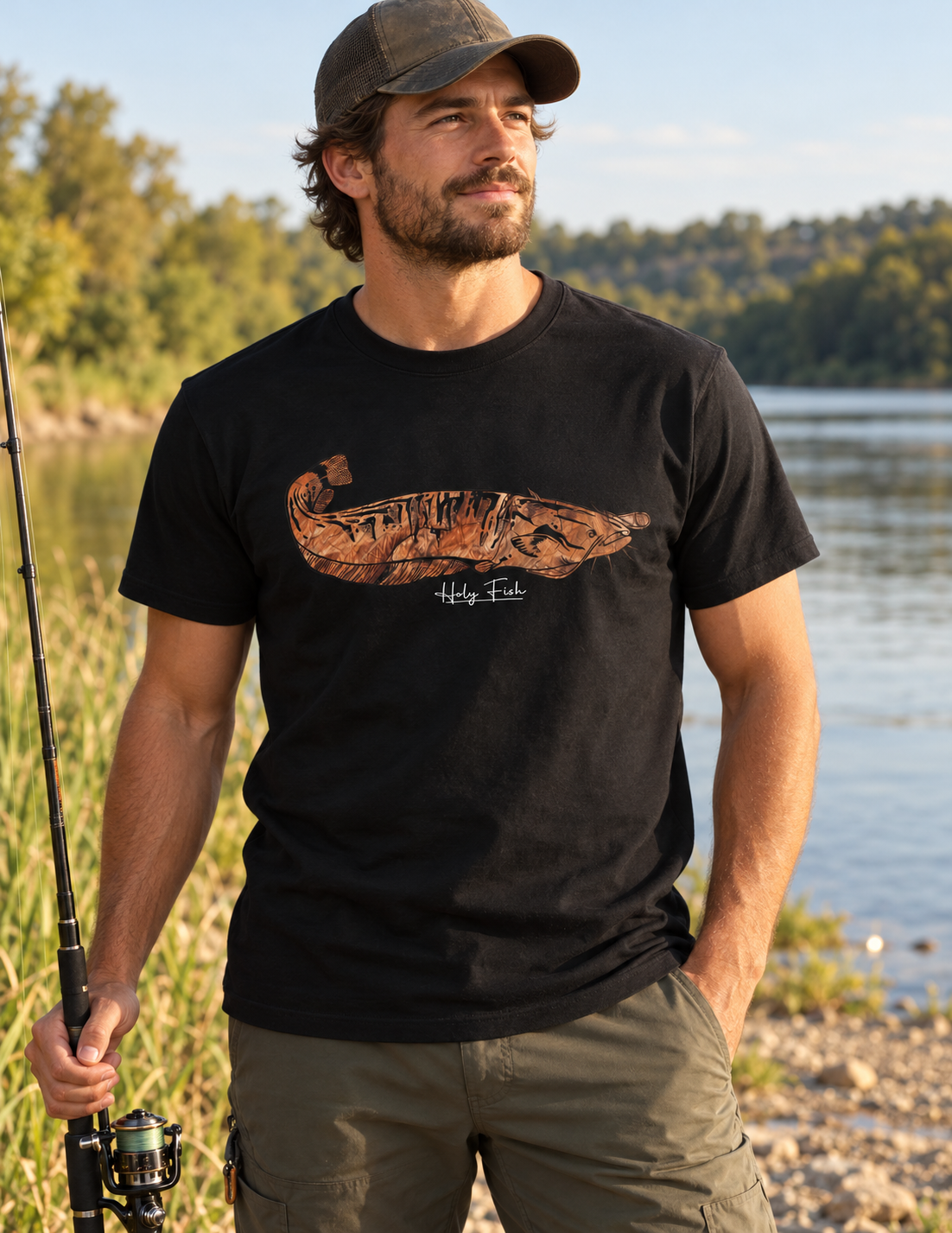 Welsangler trägt schwarzes Holy Fish M14 Wels-T-Shirt am Fluss