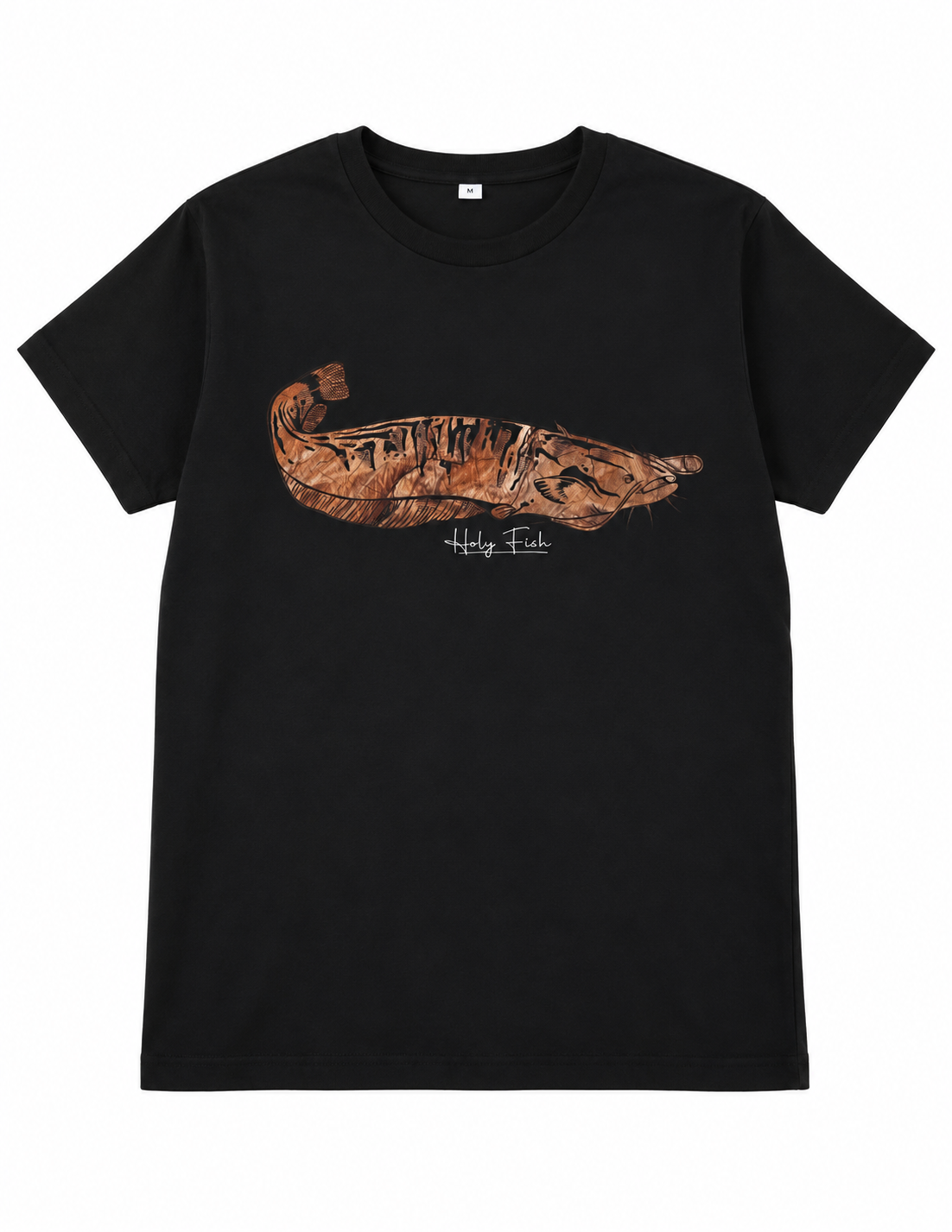 Schwarzes Holy Fish M14 Wels-T-Shirt mit kupferfarbenem Fischmotiv vor weißem Hintergrund