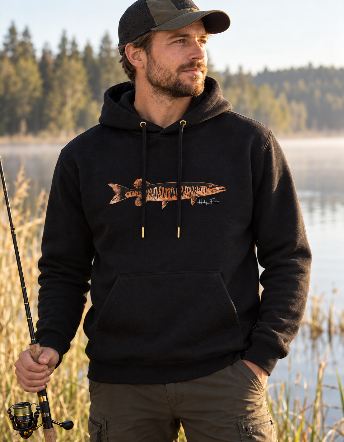 Hechtangler am See trägt schwarzen Holy Fish M15 Hecht-Hoodie mit kupferfarbenem Fischmotiv