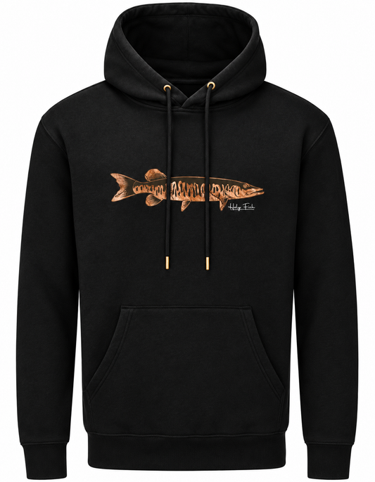 Schwarzer Holy Fish M15 Hecht-Hoodie mit kupferfarbenem Fischmotiv vor weißem Hintergrund