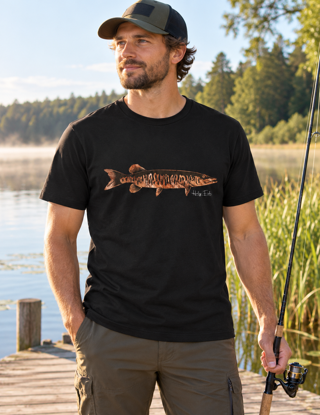 Hechtangler trägt schwarzes Holy Fish M15 Hecht-T-Shirt am See