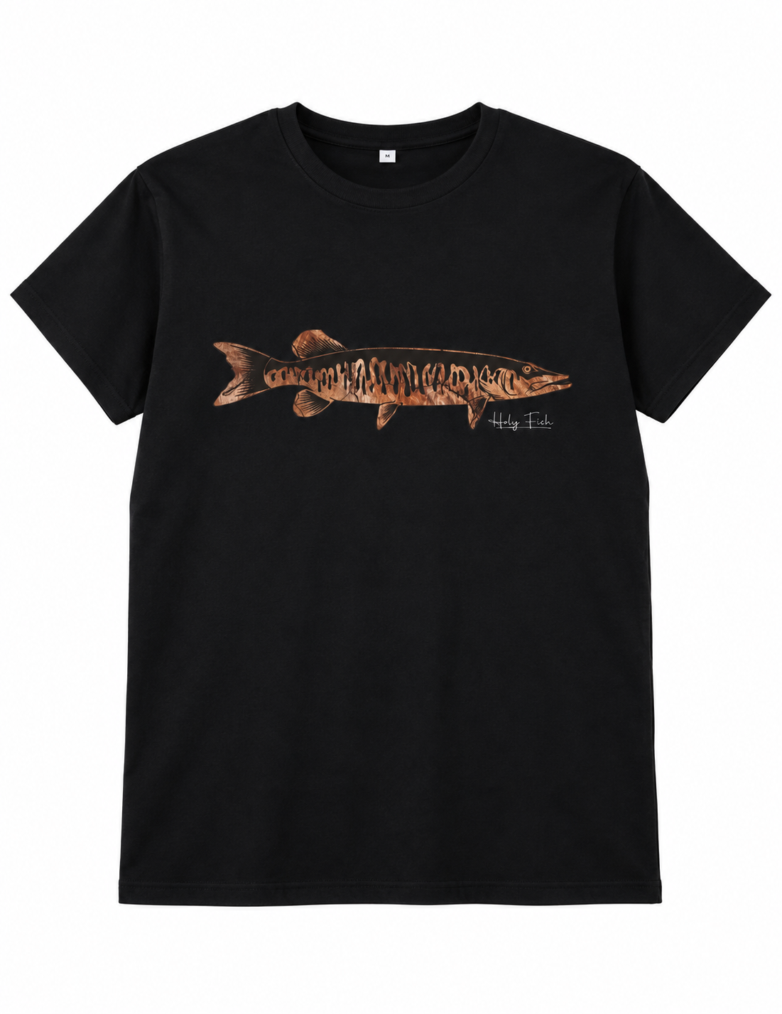 Schwarzes Holy Fish M15 Hecht-T-Shirt mit kupferfarbenem Fischmotiv vor weißem Hintergrund