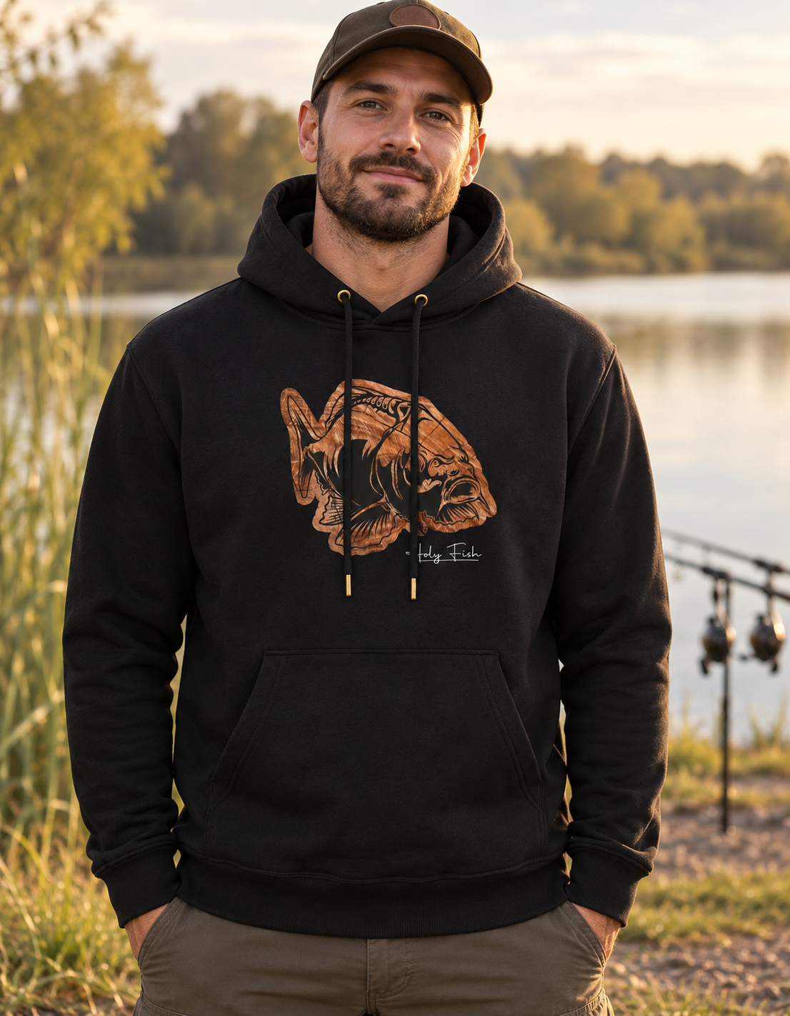 Angler trägt einen schwarzen Holy Fish Karpfen-Hoodie am See