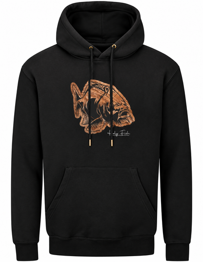 Schwarzer Holy Fish Karpfen-Hoodie mit kupferfarbenem Brustmotiv vor weißem Hintergrund