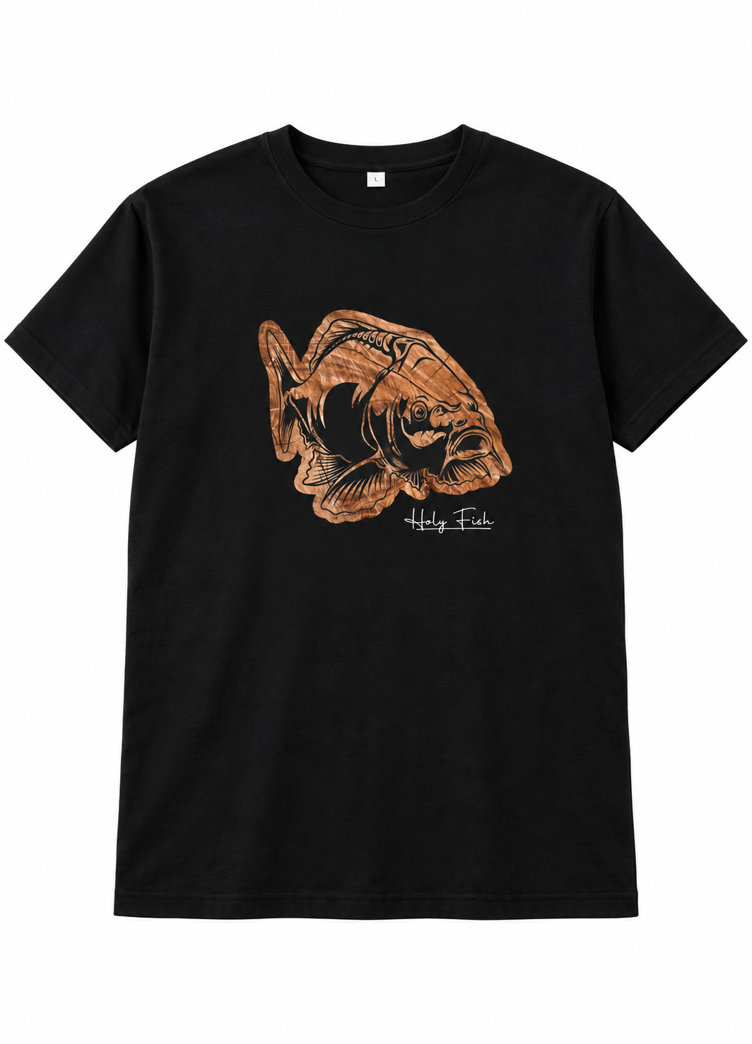 Schwarzes Holy Fish M2 Karpfen-T-Shirt mit kupferfarbenem Karpfenmotiv vor weißem Hintergrund
