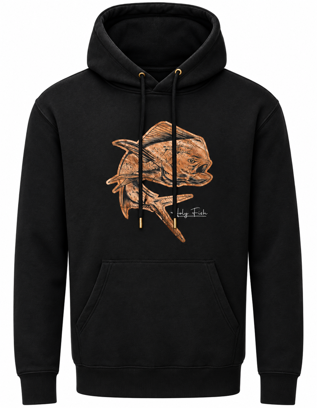 Schwarzer Holy Fish M26 Mahi-Mahi-Hoodie mit kupferfarbenem Fischmotiv vor weißem Hintergrund