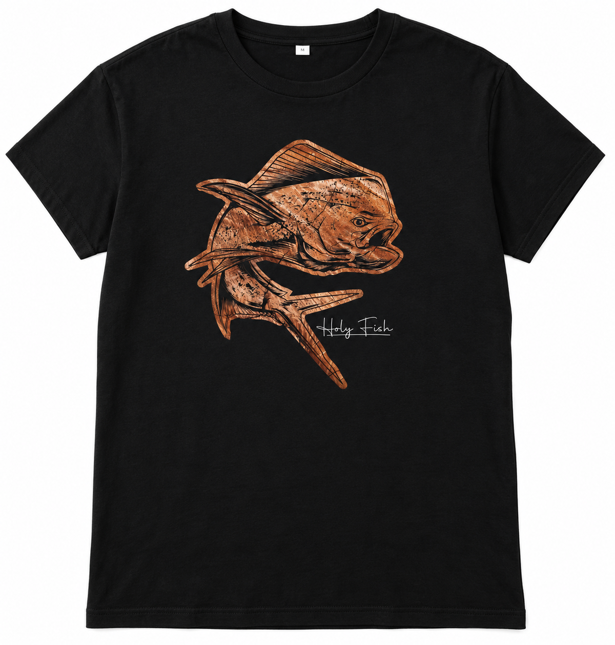 Schwarzes Holy Fish M26 Mahi-Mahi-T-Shirt mit kupferfarbenem Fischmotiv vor weißem Hintergrund