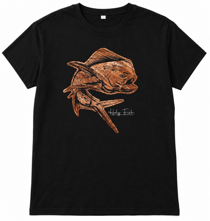 Schwarzes Holy Fish M26 Mahi-Mahi-T-Shirt mit kupferfarbenem Fischmotiv vor weißem Hintergrund