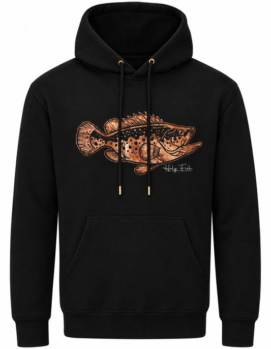 Schwarzer Holy Fish M27 Riesenbarsch-Hoodie mit kupferfarbenem Fischmotiv auf Weiß