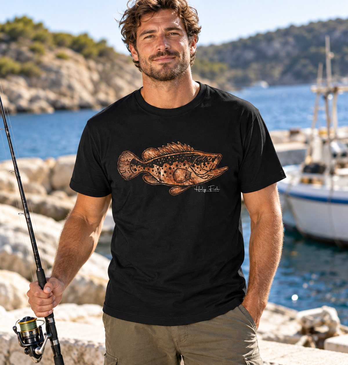 Meeresangler trägt schwarzes Holy Fish M27 Riesenbarsch-T-Shirt an der Küste