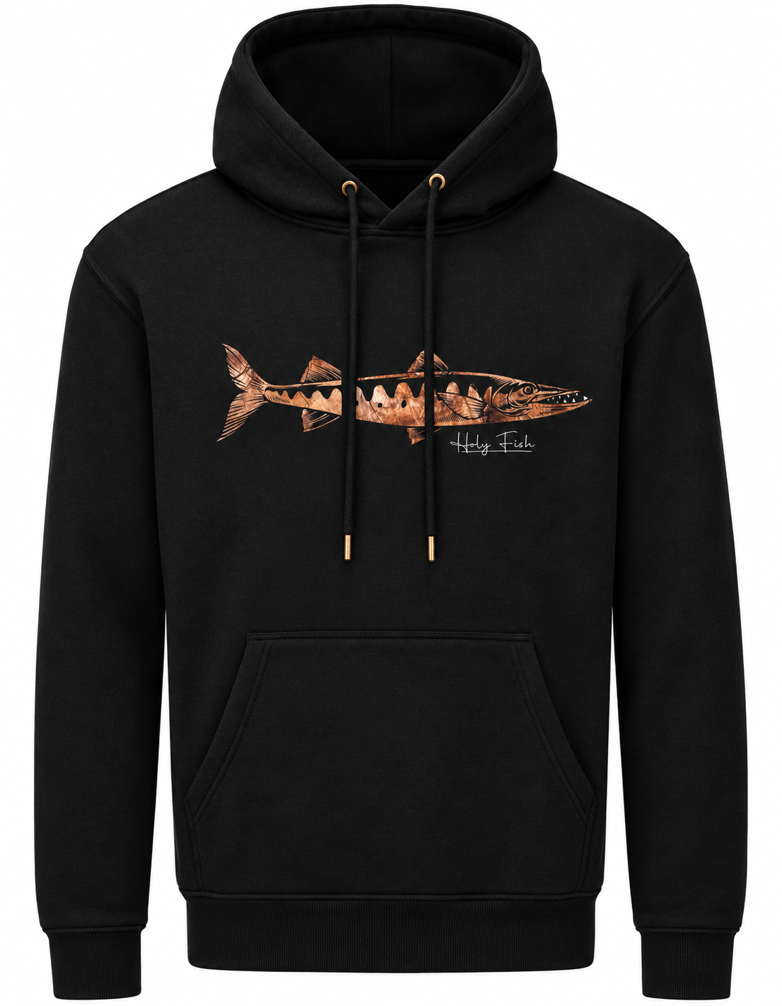 Schwarzer Holy Fish M9 Barracuda-Hoodie mit kupferfarbenem Fischmotiv vor weißem Hintergrund