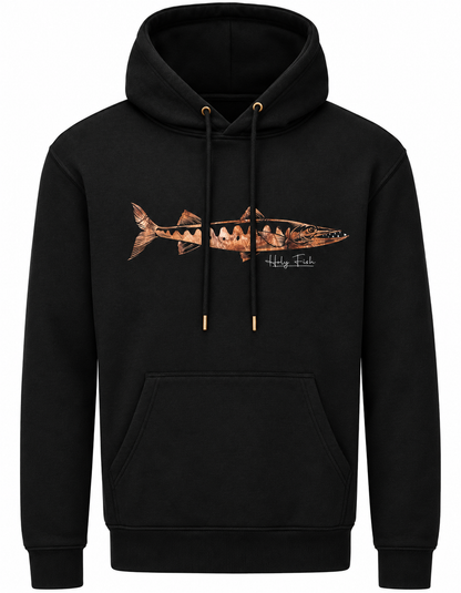 Schwarzer Holy Fish M9 Barracuda-Hoodie mit kupferfarbenem Fischmotiv vor weißem Hintergrund
