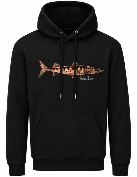 Schwarzer Holy Fish M9 Barracuda-Hoodie mit kupferfarbenem Fischmotiv vor weißem Hintergrund