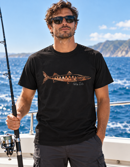 Meeresangler trägt schwarzes Holy Fish M9 Barracuda-T-Shirt auf einem Angelboot