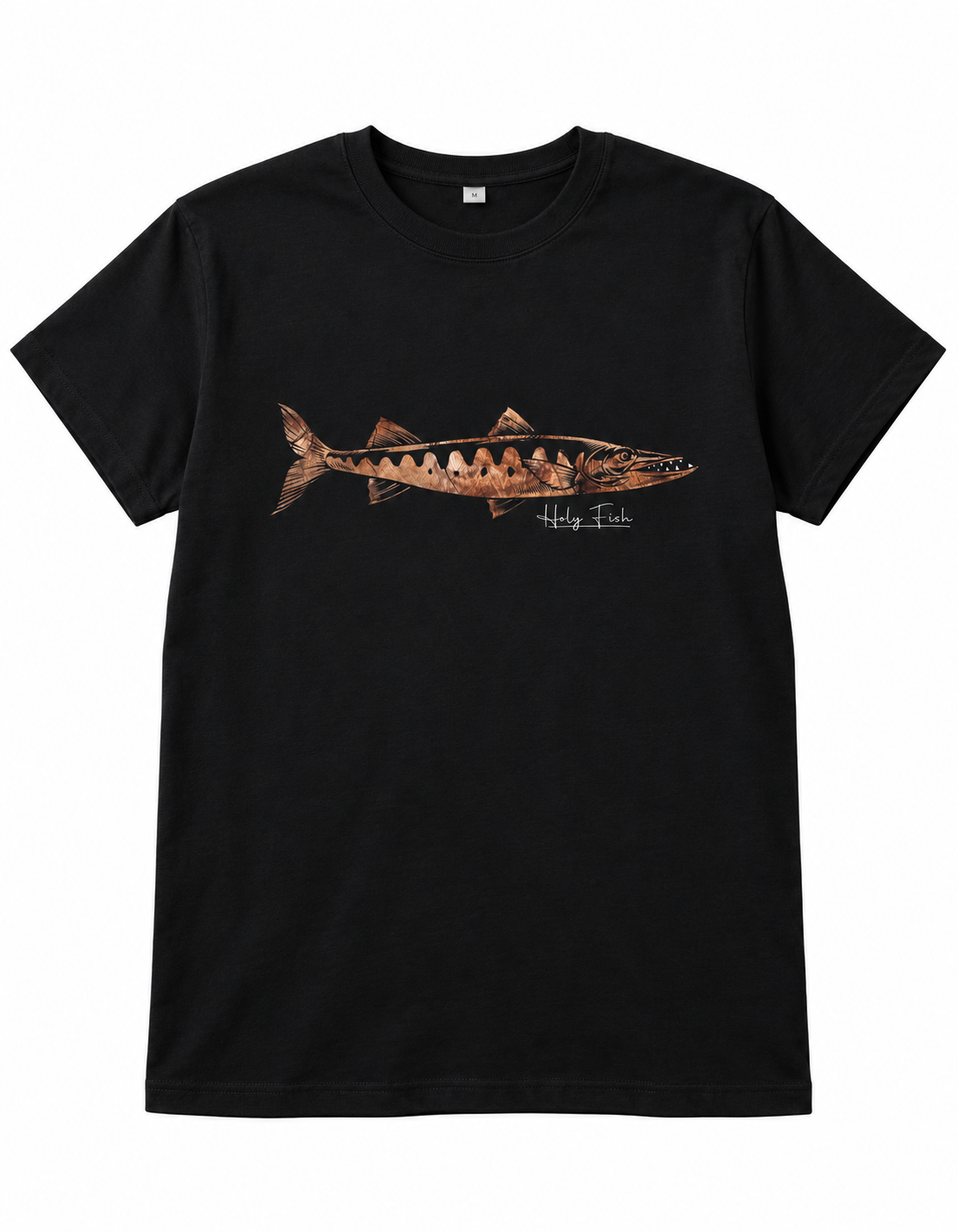 Schwarzes Holy Fish M9 Barracuda-T-Shirt mit kupferfarbenem Fischmotiv vor weißem Hintergrund
