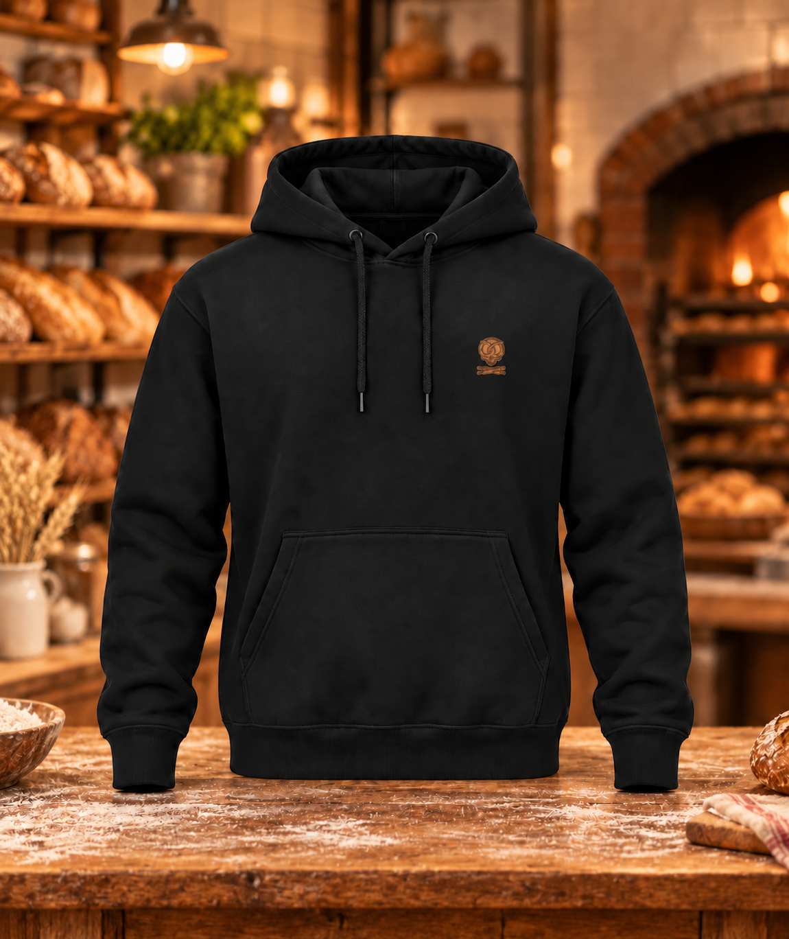 Bäcker-Hoodie mit dezentem kleinen Brustmotiv in der Backstube