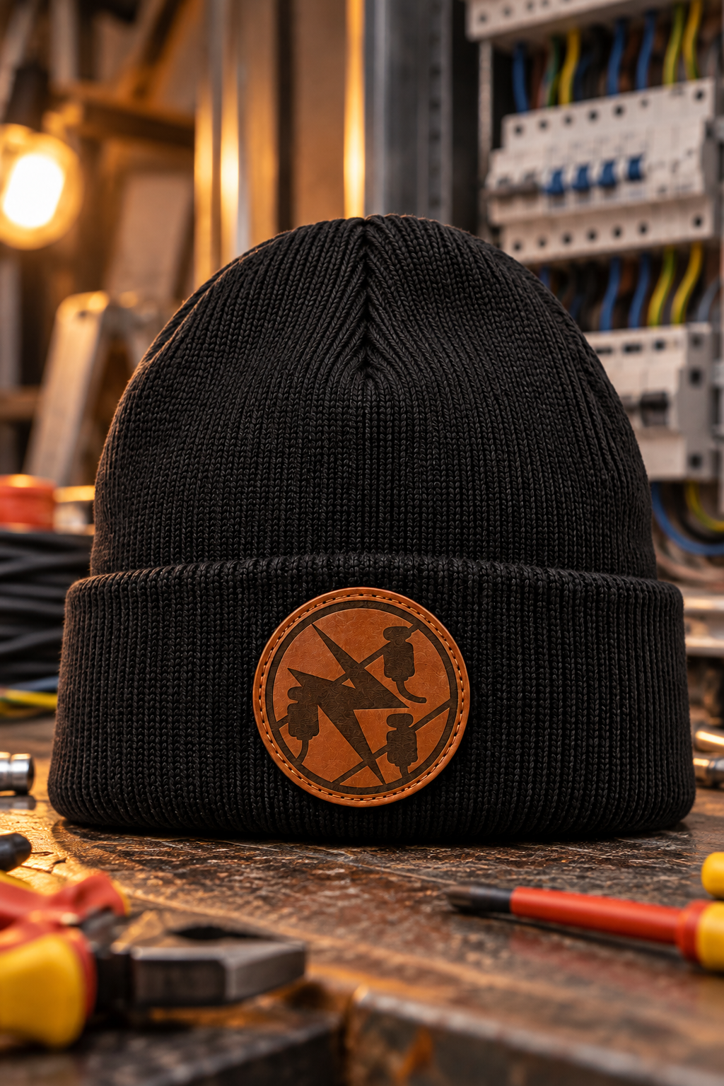 Elektriker Mütze mit Lederpatch in Werkstatt