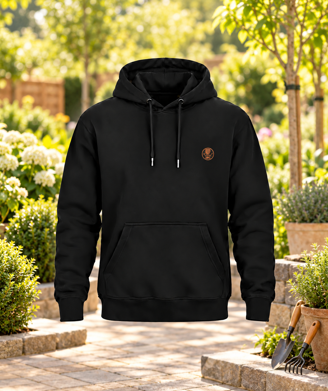 Schwarzer Galabauer Hoodie mit kleinem Brustwappen in einer Gartenbaukulisse