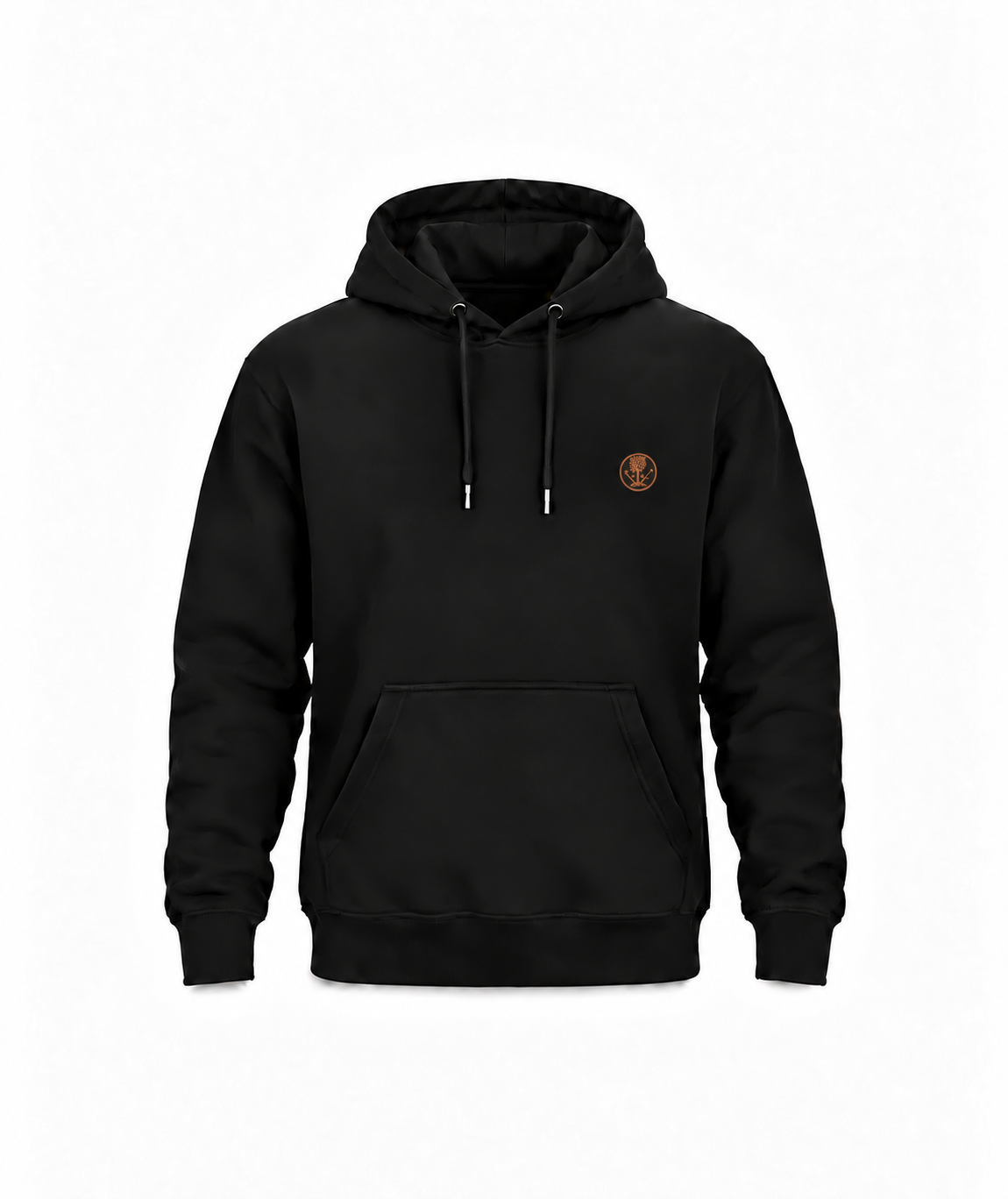 Schwarzer Galabauer Hoodie mit kleinem kupferfarbenem Brustwappen auf weißem Hintergrund