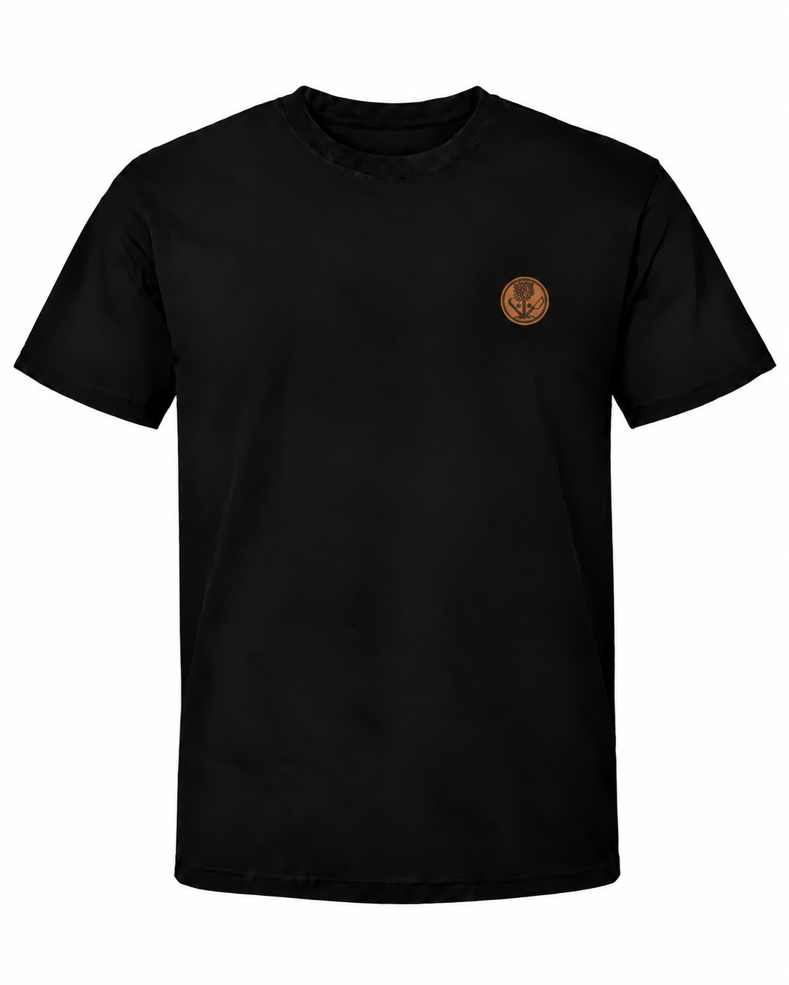 Schwarzes Workaholicz Galabauer T-Shirt mit kleinem Berufswappen auf der linken Brust vor weißem Hintergrund