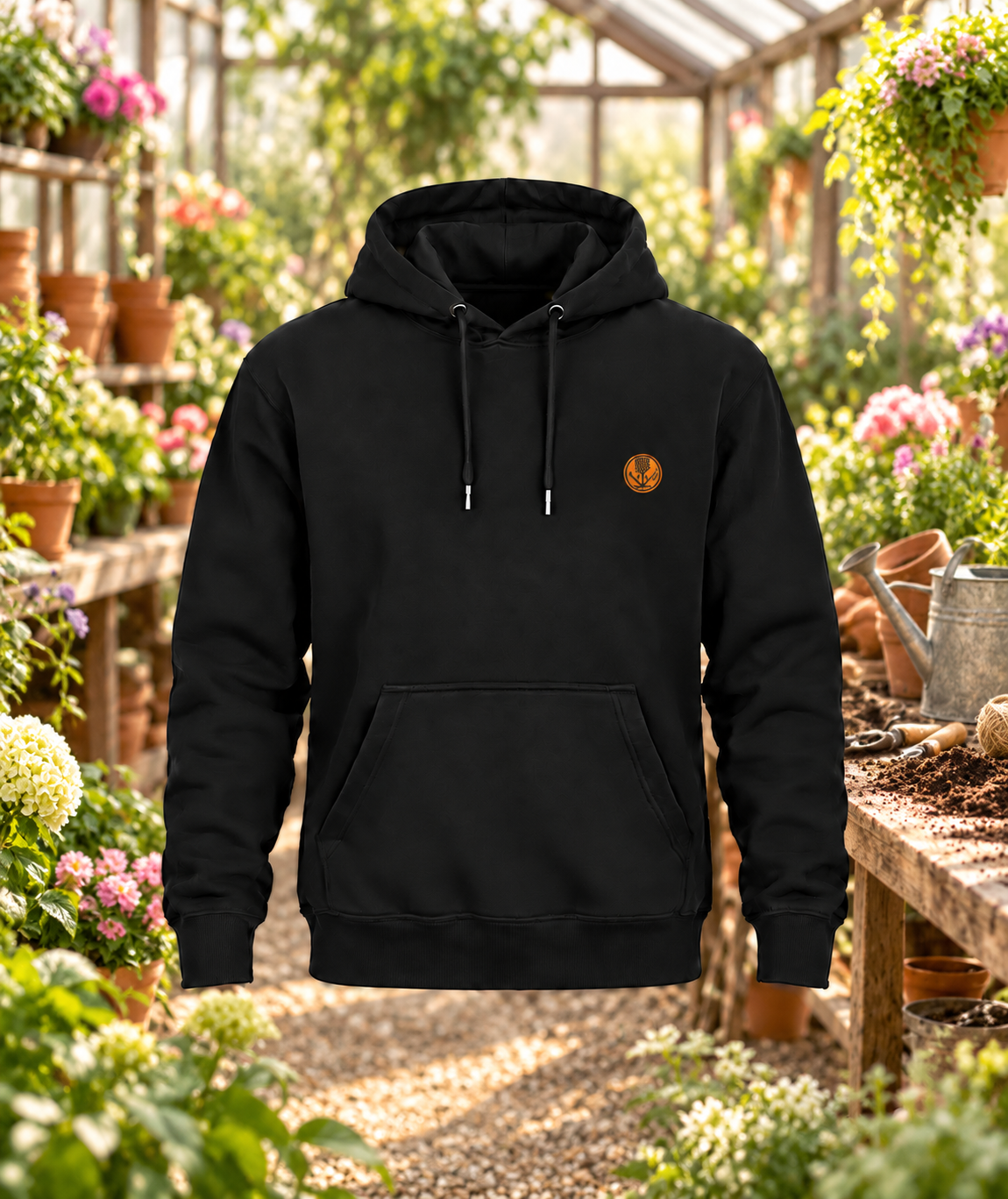 Schwarzer Gärtner Hoodie mit kleinem Brustwappen in einer blühenden Gewächshauskulisse