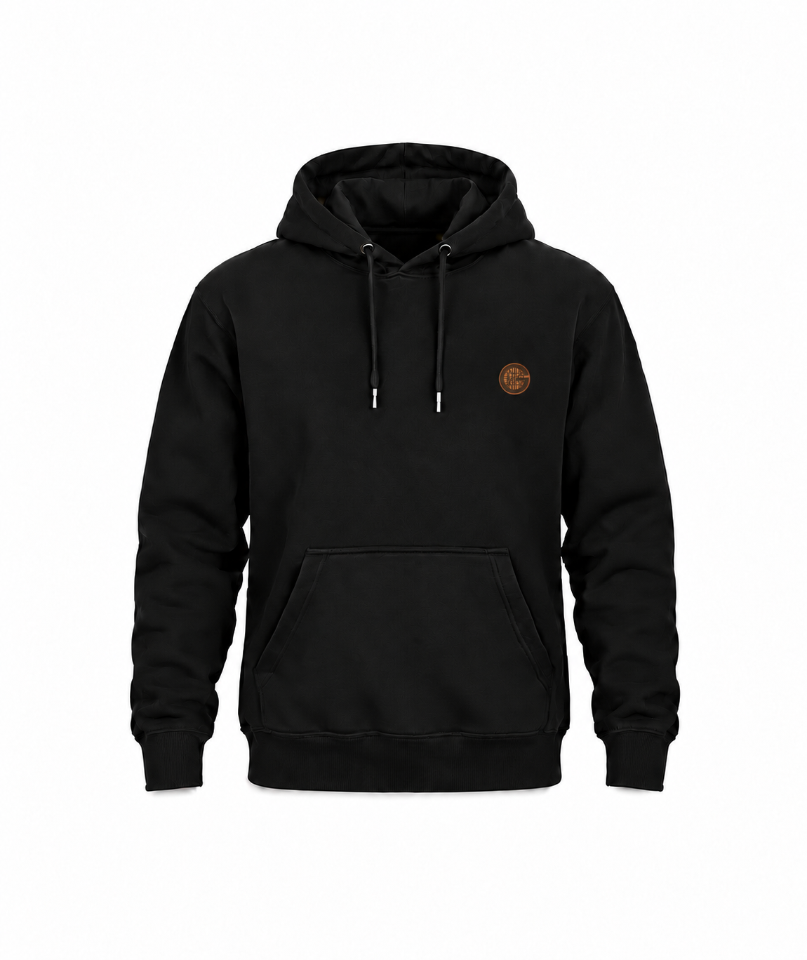 Schwarzer Gerüstbauer Hoodie mit kleinem kupferfarbenem Brustwappen auf weißem Hintergrund