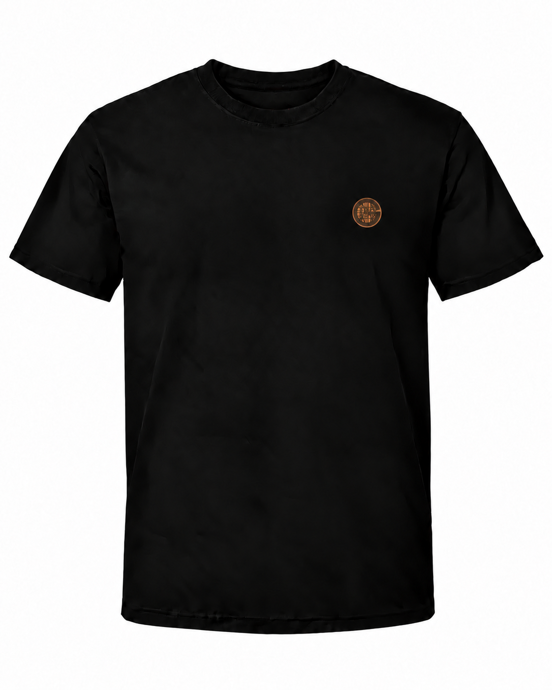 Schwarzes Workaholicz Gerüstbauer T-Shirt mit kleinem Gerüstwappen auf der linken Brust vor weißem Hintergrund