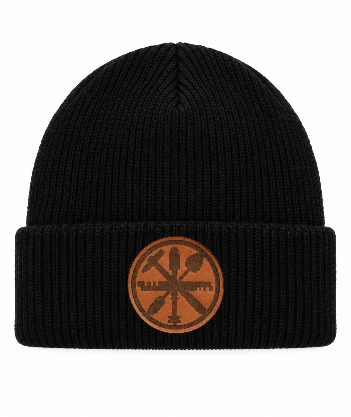 Glaser Mütze mit Lederpatch – weißer Hintergrund