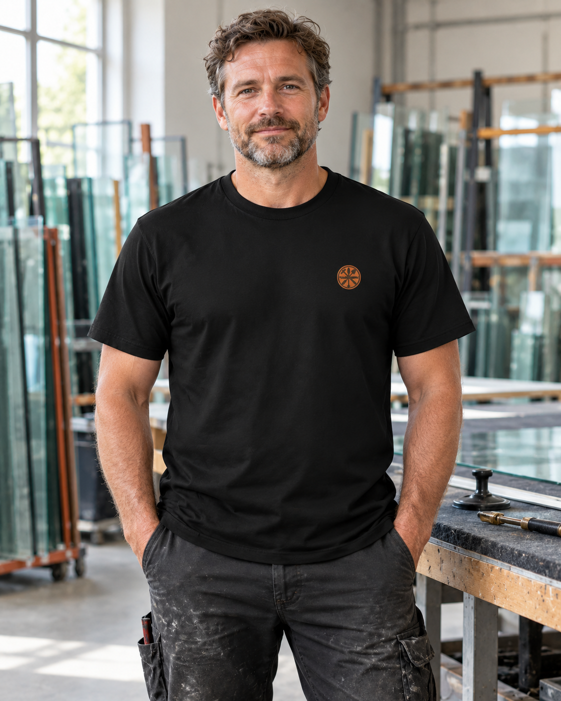 Erwachsener Glaser trägt das schwarze Workaholicz T-Shirt mit kleinem Brustwappen in einer Glaserei