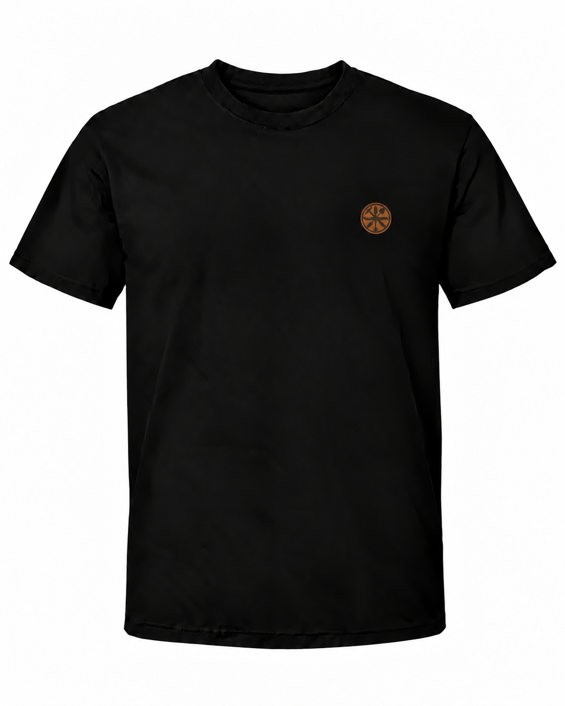 Schwarzes Workaholicz Glaser T-Shirt mit kleinem Glaserwappen auf der linken Brust vor weißem Hintergrund