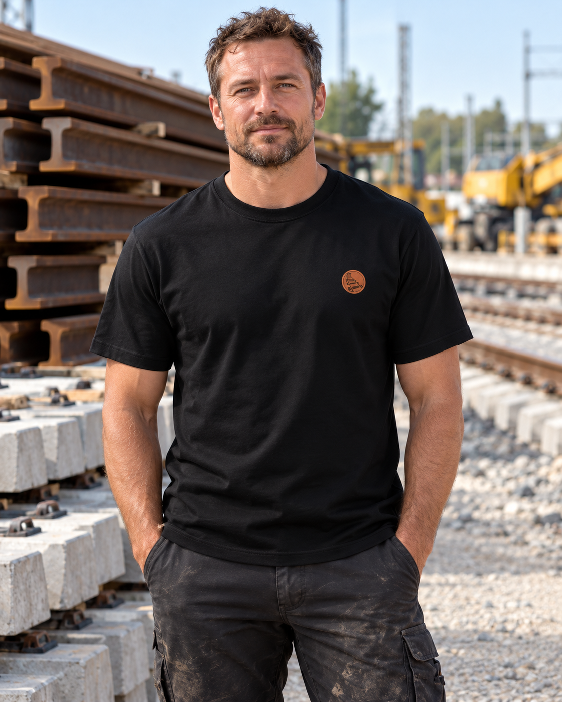 Erwachsener Gleisbauer trägt das schwarze Workaholicz T-Shirt mit kleinem Gleismotiv zwischen Schienen und Betonschwellen