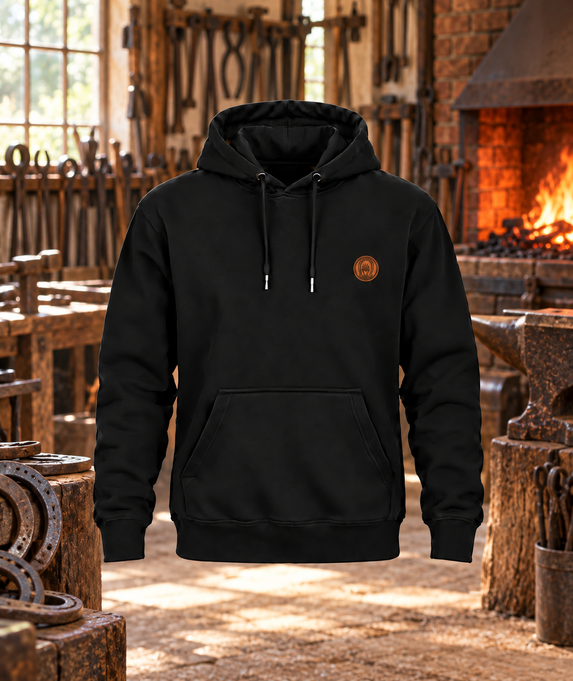 Schwarzer Hufschmied Hoodie mit kleinem Brustwappen in einer Schmiedekulisse
